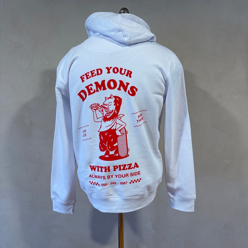Feed Your Demons Pizza Hoodie Marcello Pisano Graphic White Red